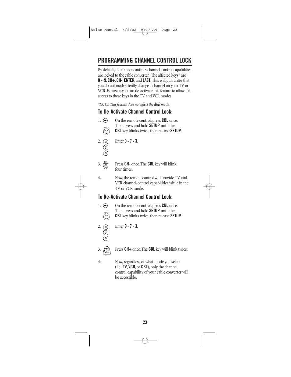 Programming channel control lock | Universal Electronics Atlas 4-DEVICE Universal Remote Control User Manual | Page 23 / 32