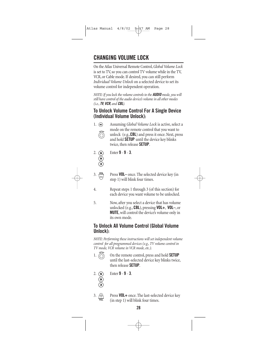 Changing volume lock | Universal Electronics Atlas 4-DEVICE Universal Remote Control User Manual | Page 28 / 32