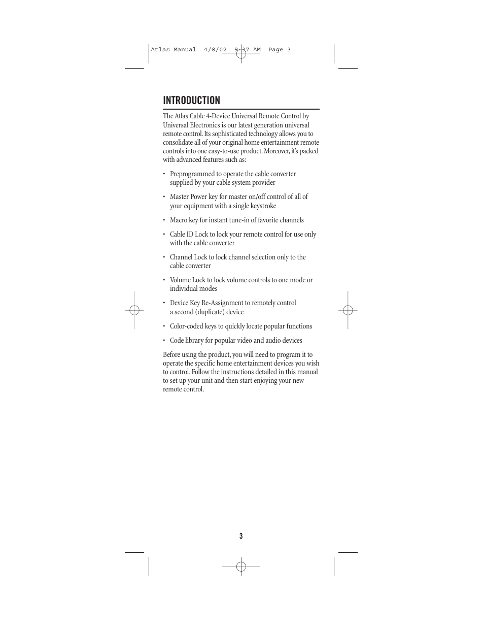 Introduction | Universal Electronics Atlas 4-DEVICE Universal Remote Control User Manual | Page 3 / 32