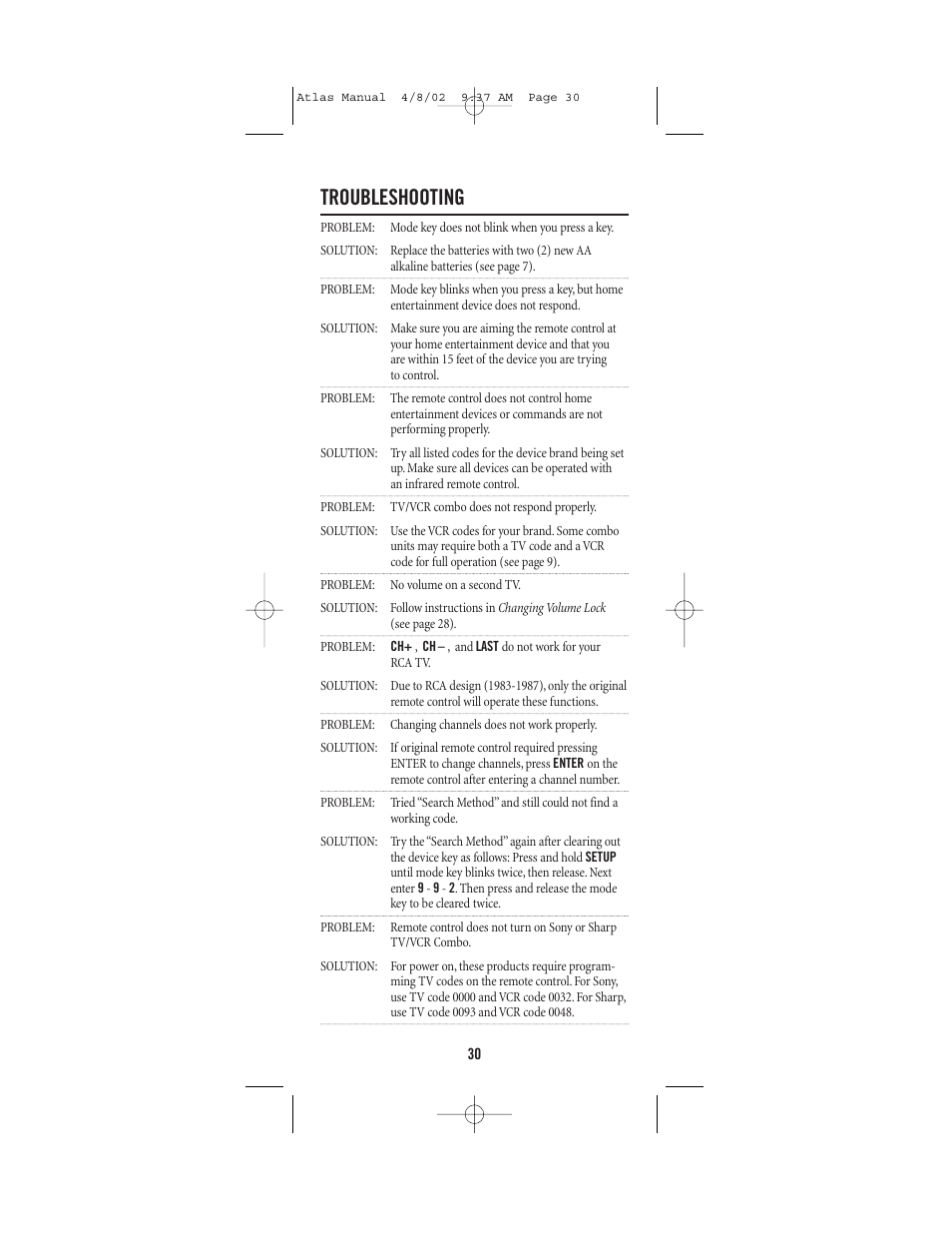 Troubleshooting | Universal Electronics Atlas 4-DEVICE Universal Remote Control User Manual | Page 30 / 32