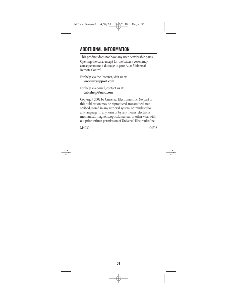 Additional information | Universal Electronics Atlas 4-DEVICE Universal Remote Control User Manual | Page 31 / 32