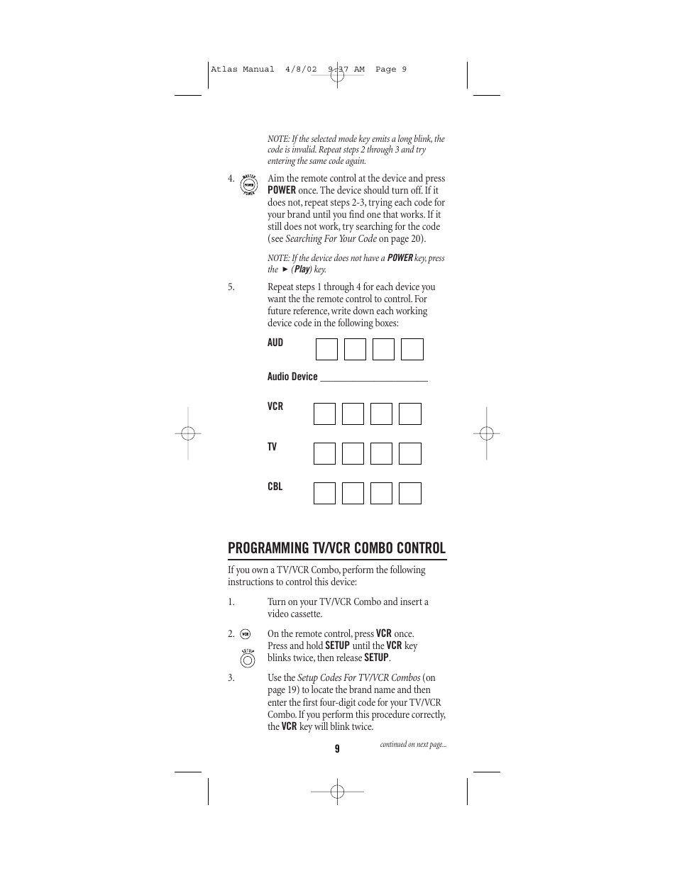 Programming tv/vcr combo control | Universal Electronics Atlas 4-DEVICE Universal Remote Control User Manual | Page 9 / 32