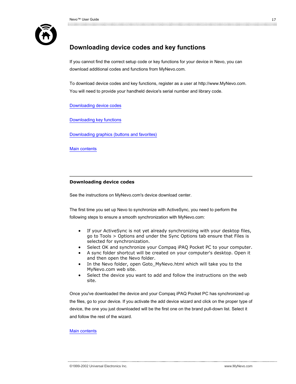 Downloading device codes and key functions | Universal Electronics Nevo User Manual | Page 18 / 29