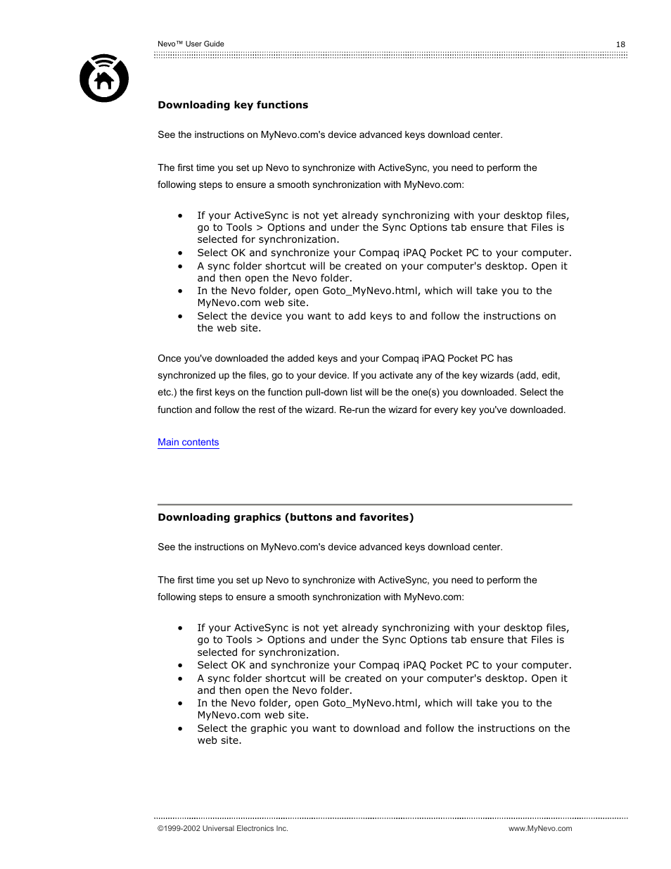Downloading key functions, Downloading graphics (buttons and favorites) | Universal Electronics Nevo User Manual | Page 19 / 29