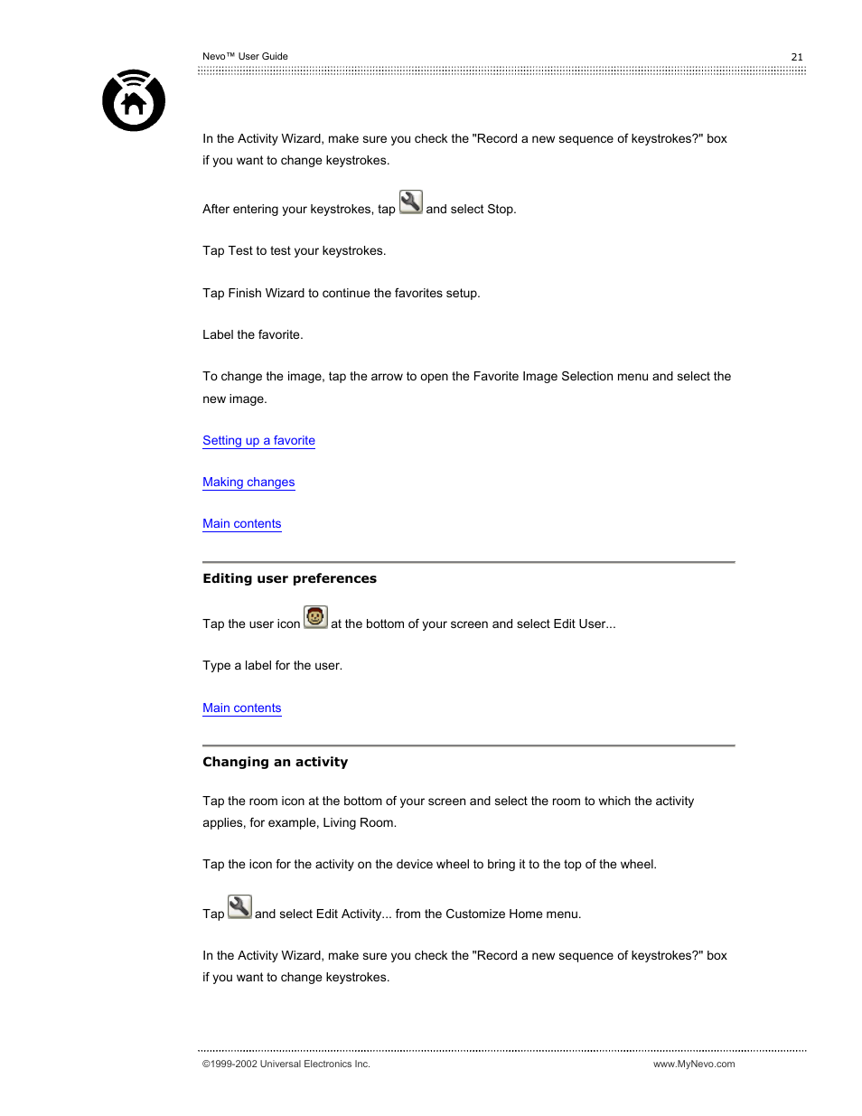Changing an activity, Editing user preferences | Universal Electronics Nevo User Manual | Page 22 / 29