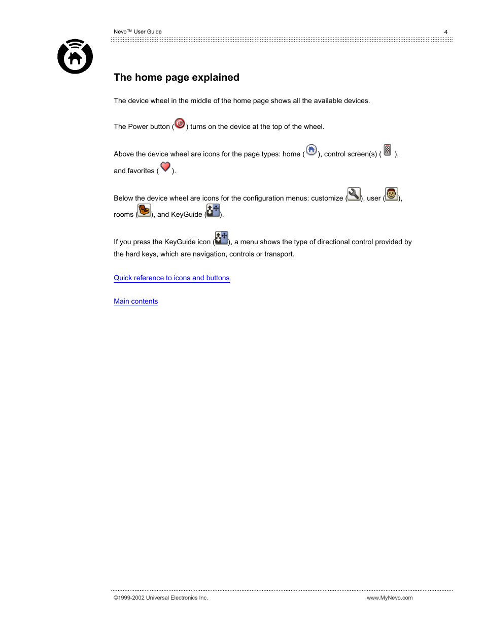 The home page explained | Universal Electronics Nevo User Manual | Page 5 / 29