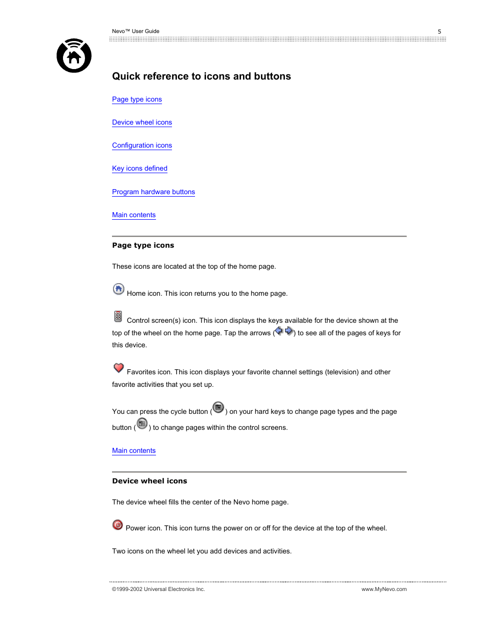 Quick reference to icons and buttons | Universal Electronics Nevo User Manual | Page 6 / 29