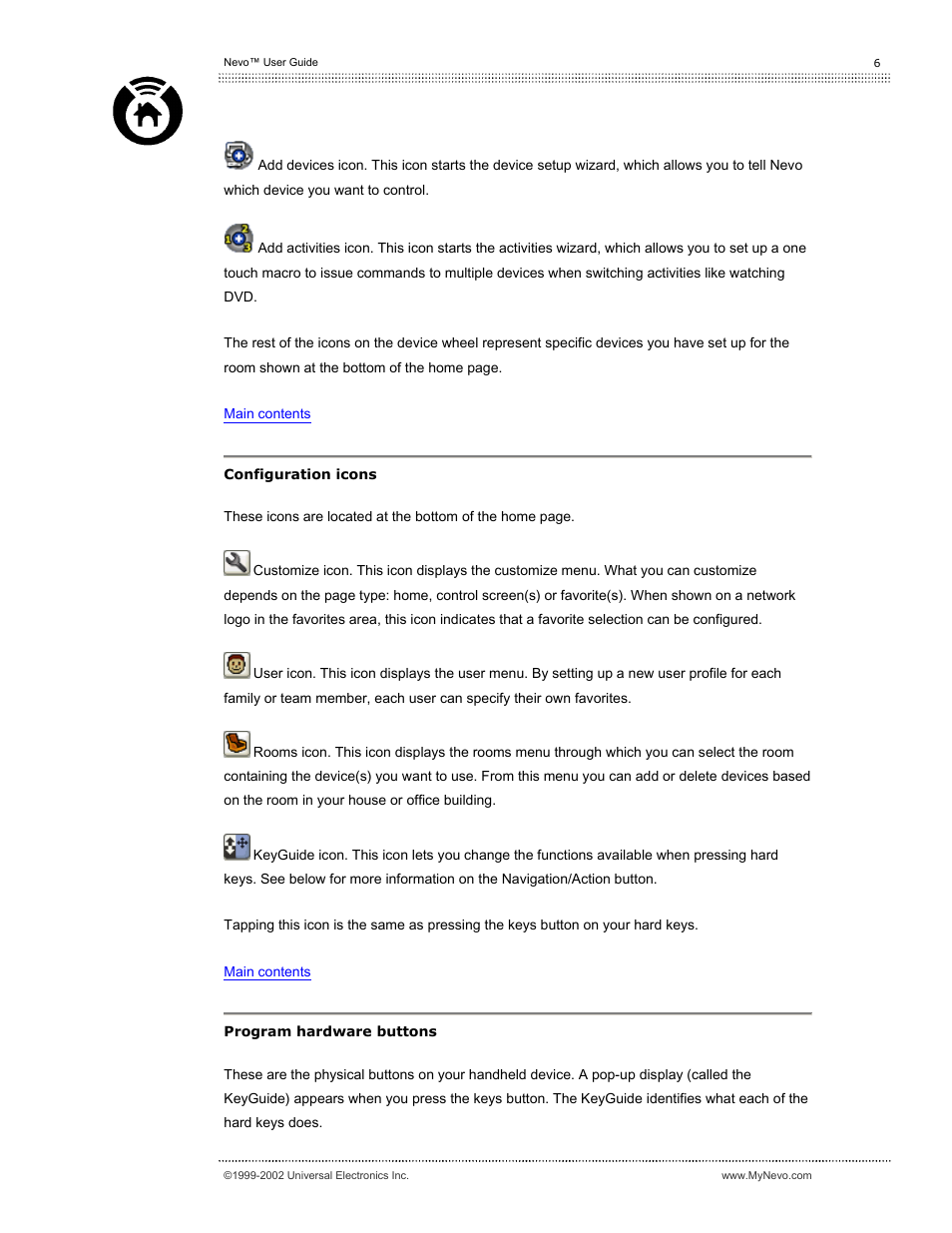 Configuration icons, Program hardware buttons | Universal Electronics Nevo User Manual | Page 7 / 29