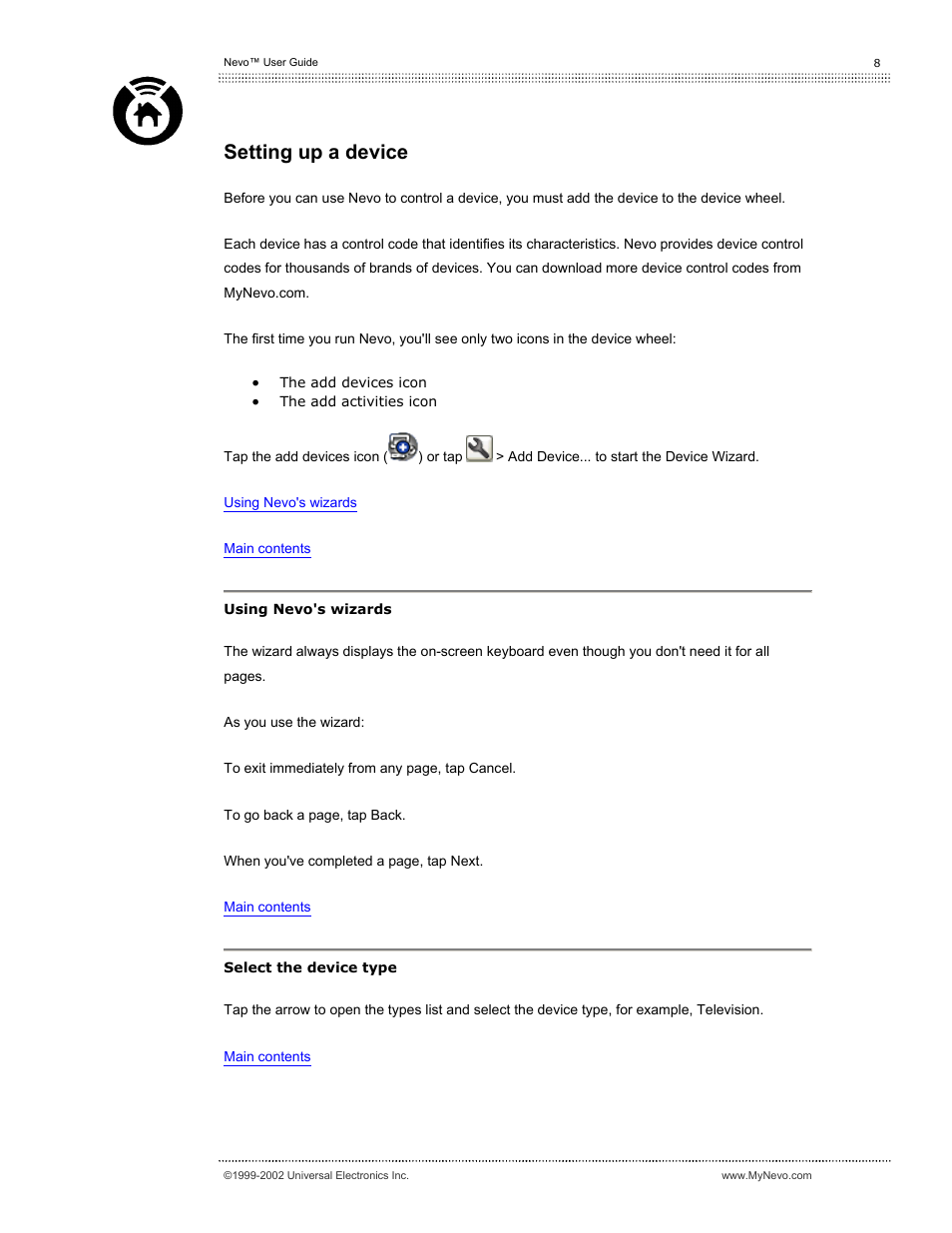 Setting up a device | Universal Electronics Nevo User Manual | Page 9 / 29
