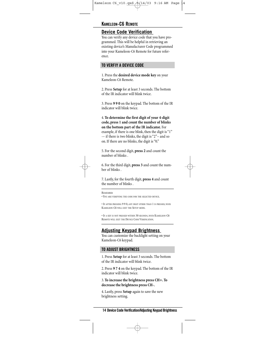 C6 r, Device code verification, Adjusting keypad brightness | Universal Electronics C6 User Manual | Page 14 / 42