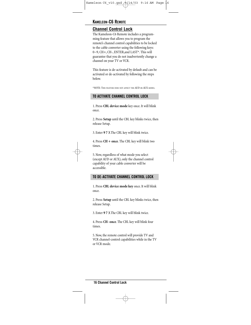 C6 r, Channel control lock | Universal Electronics C6 User Manual | Page 16 / 42