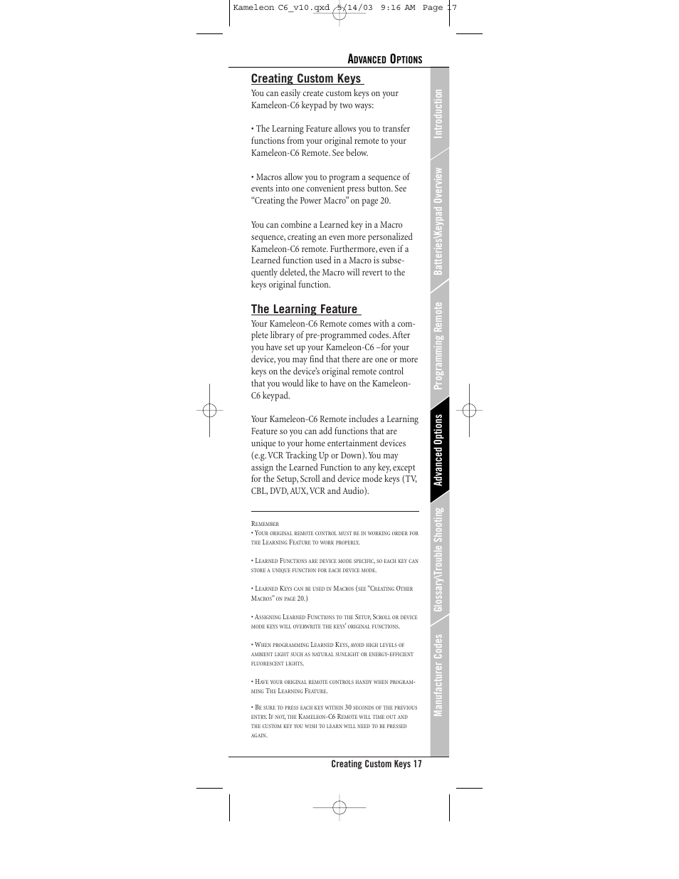 Creating custom keys, The learning feature, Creating custom keys 17 | Dvanced, Ptions | Universal Electronics C6 User Manual | Page 17 / 42