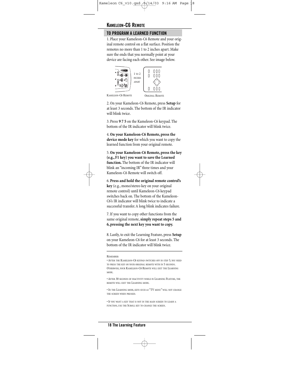 C6 r, 18 the learning feature, Ameleon | Emote | Universal Electronics C6 User Manual | Page 18 / 42