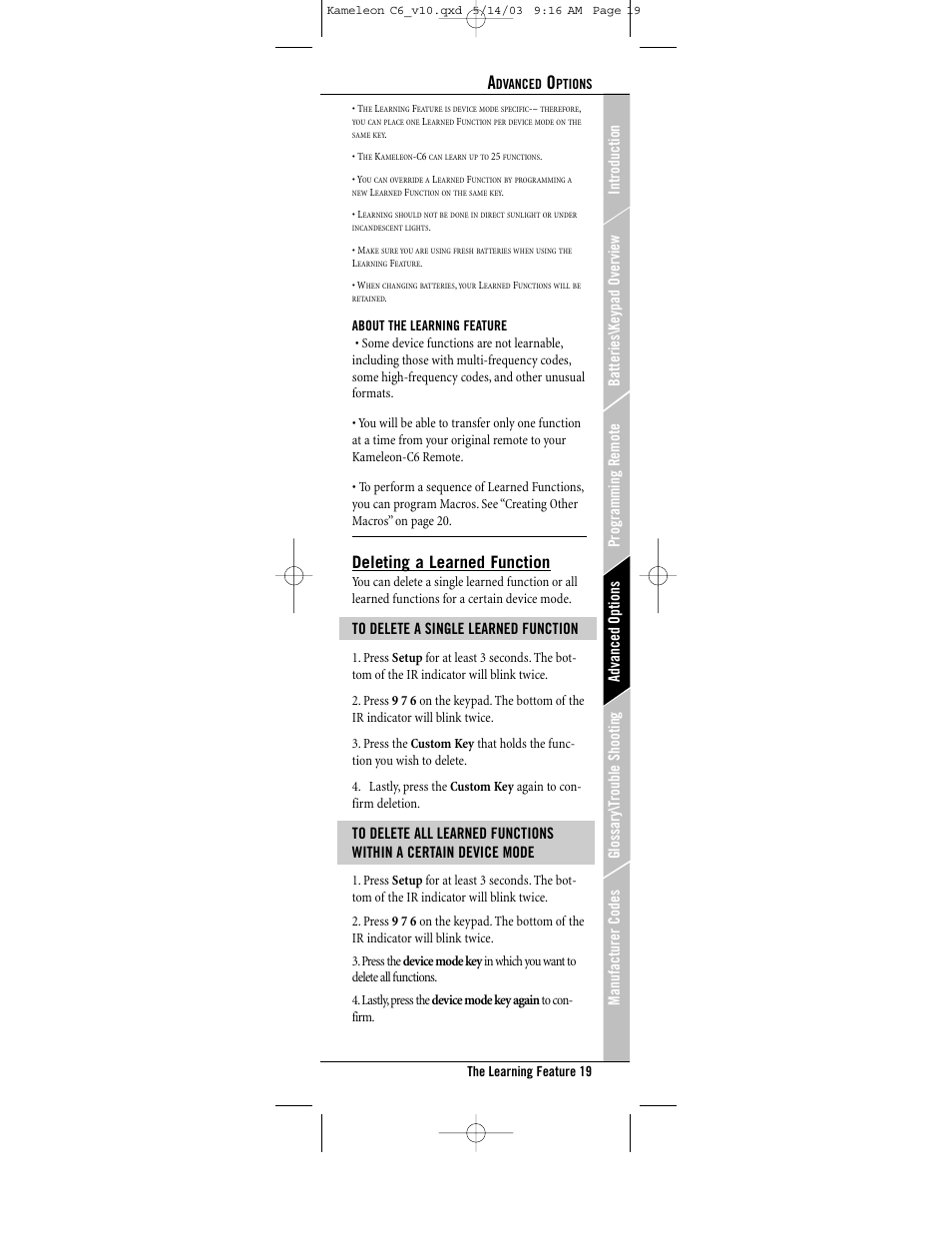 Deleting a learned function | Universal Electronics C6 User Manual | Page 19 / 42