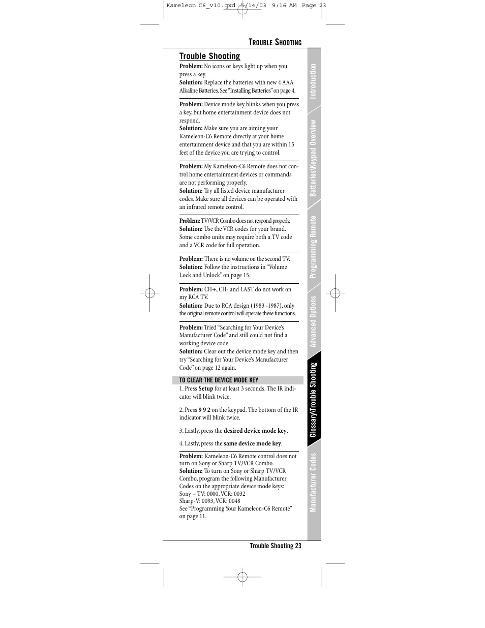 Trouble shooting | Universal Electronics C6 User Manual | Page 23 / 42