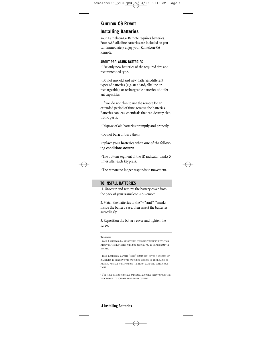C6 r, Installing batteries | Universal Electronics C6 User Manual | Page 4 / 42
