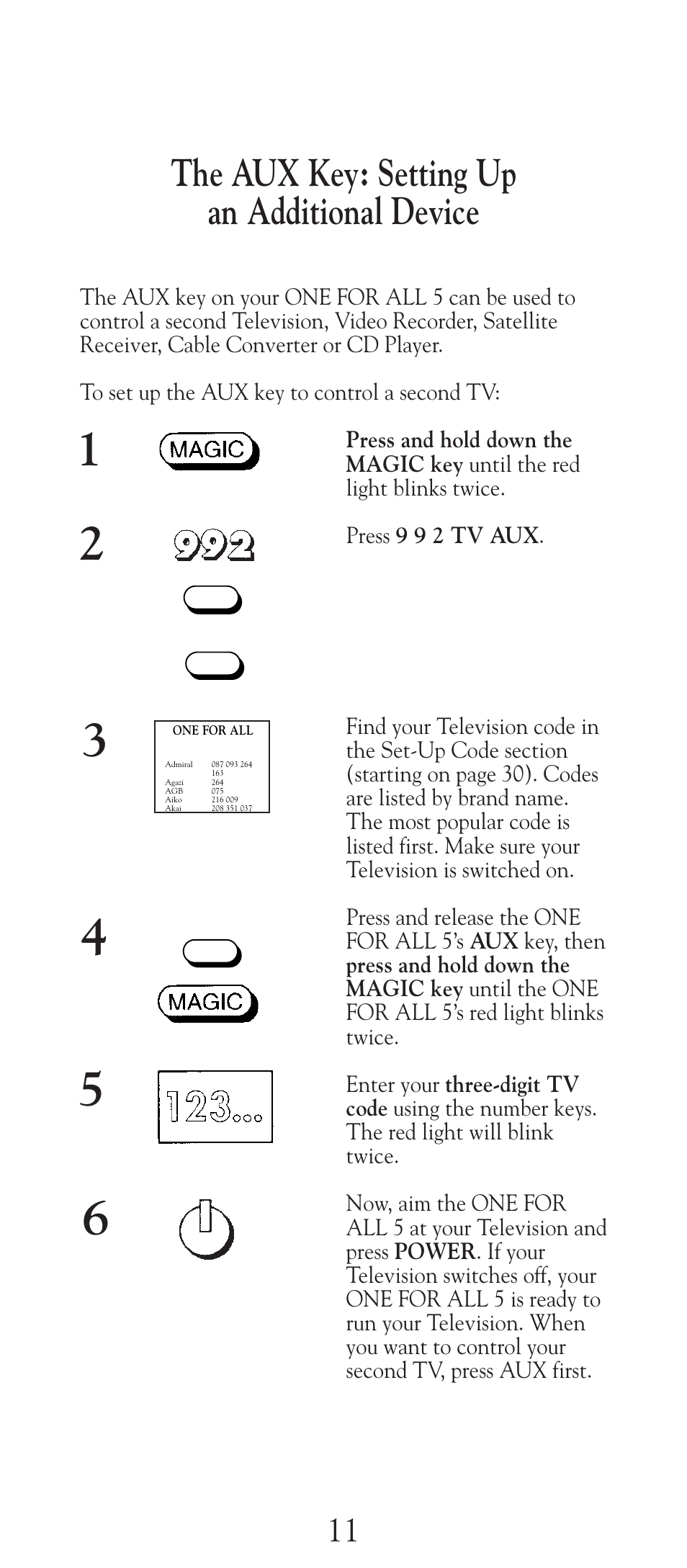 The aux key: setting up an additional device | Universal Electronics URC-2505 User Manual | Page 12 / 42