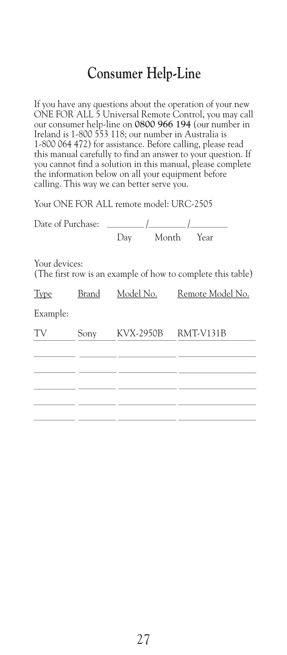 Consumer help-line | Universal Electronics URC-2505 User Manual | Page 28 / 42