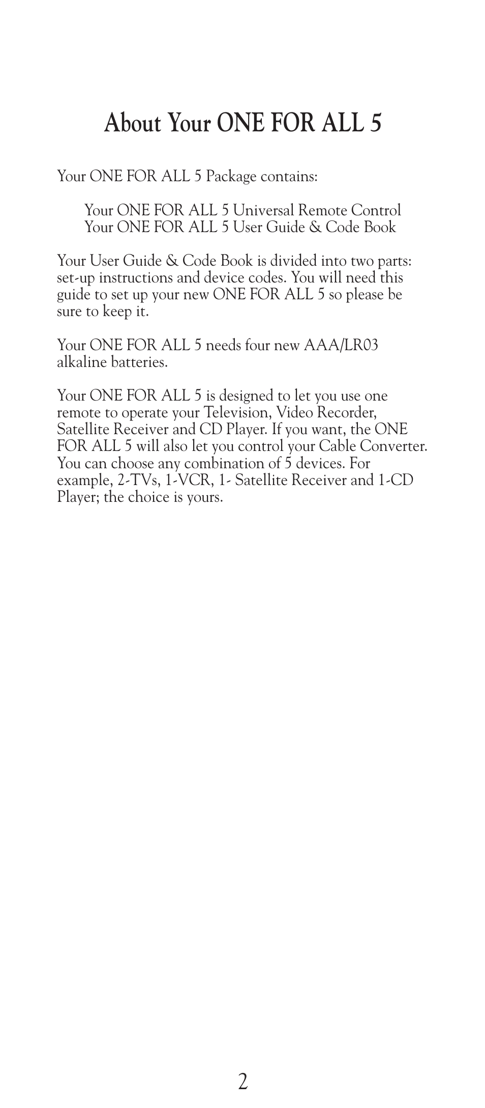 About your one for all 5 | Universal Electronics URC-2505 User Manual | Page 3 / 42