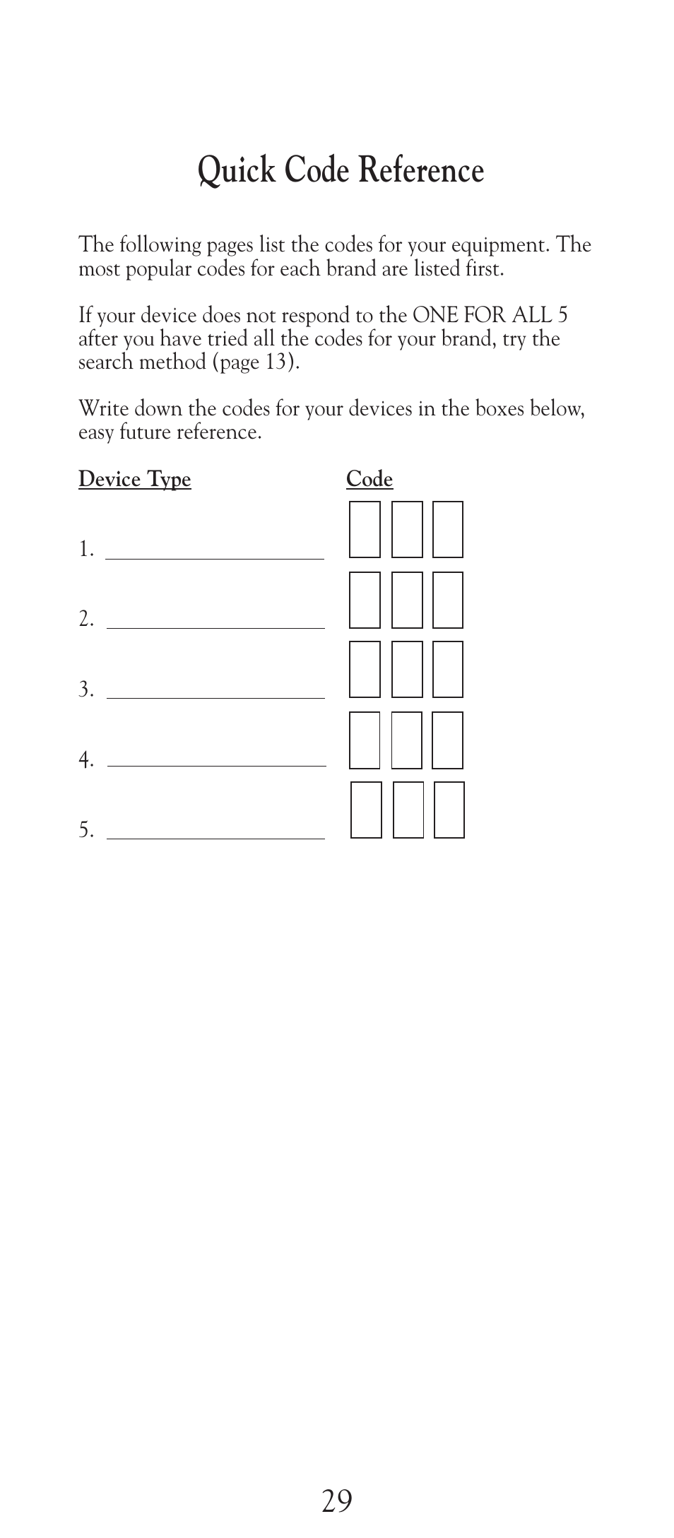 Quick code reference | Universal Electronics URC-2505 User Manual | Page 30 / 42