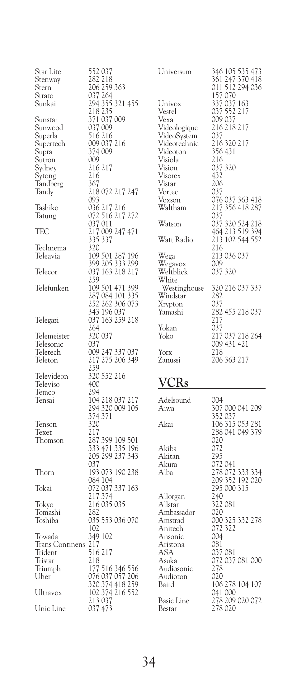 Vcrs | Universal Electronics URC-2505 User Manual | Page 35 / 42