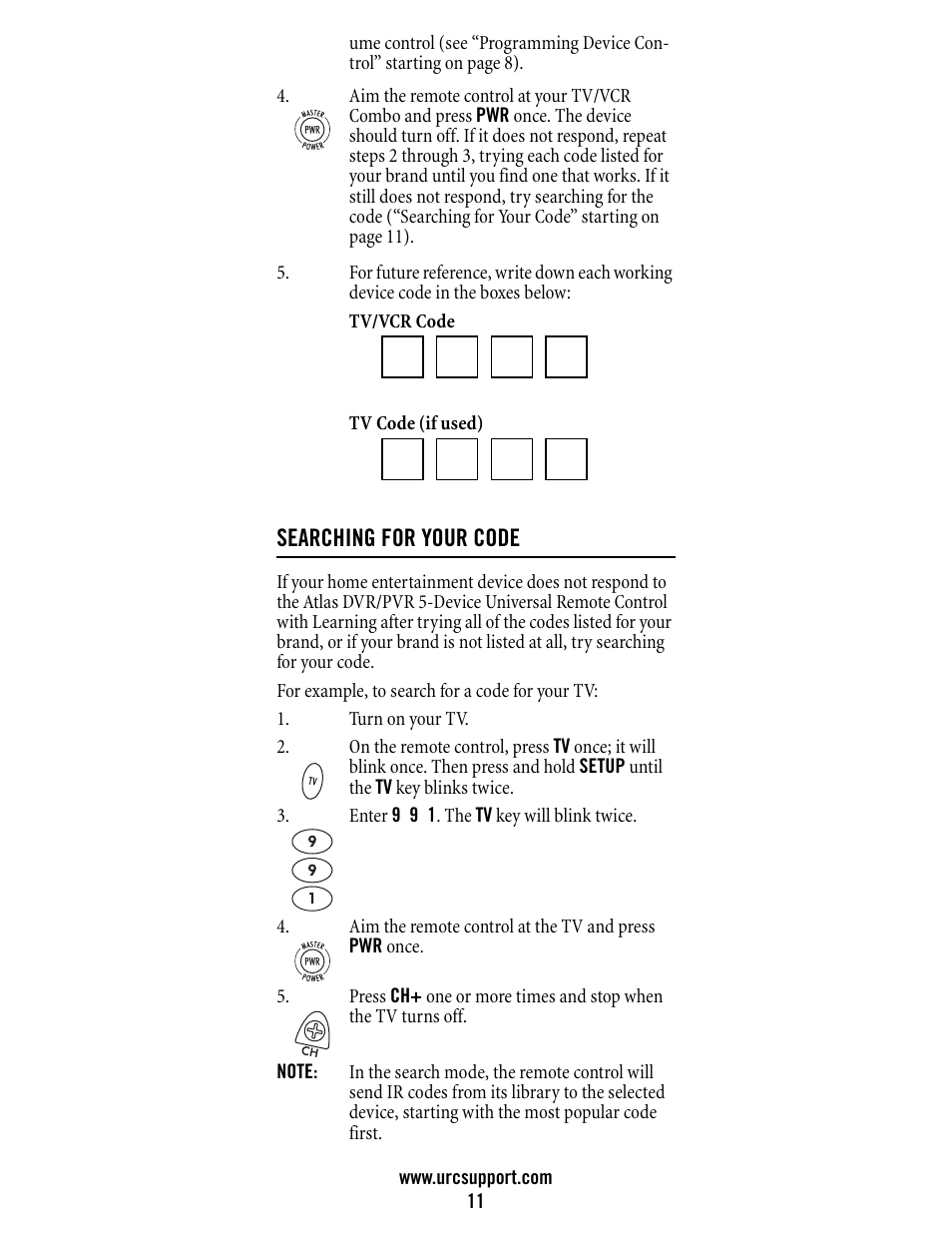 Searching for your code | Universal Electronics Atlas DVR/PVR 5-Device User Manual | Page 11 / 72