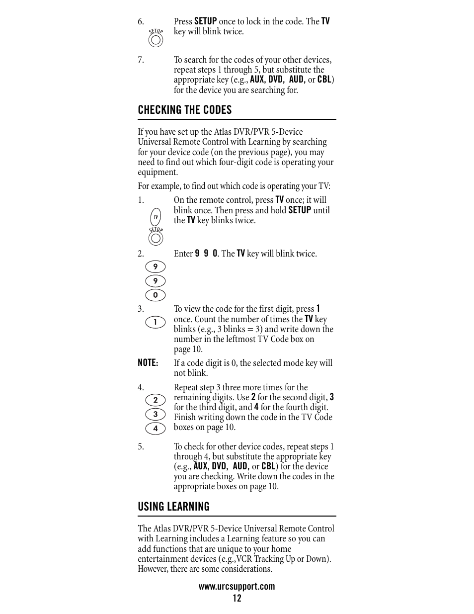 Checking the codes, Using learning | Universal Electronics Atlas DVR/PVR 5-Device User Manual | Page 12 / 72