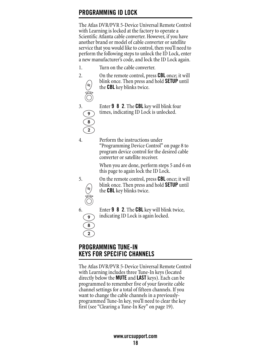 Programming id lock, Programming tune-in keys for specific channels | Universal Electronics Atlas DVR/PVR 5-Device User Manual | Page 18 / 72