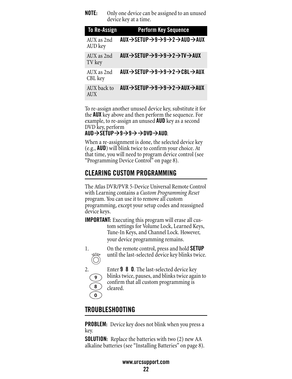 Clearing custom programming, Troubleshooting | Universal Electronics Atlas DVR/PVR 5-Device User Manual | Page 22 / 72