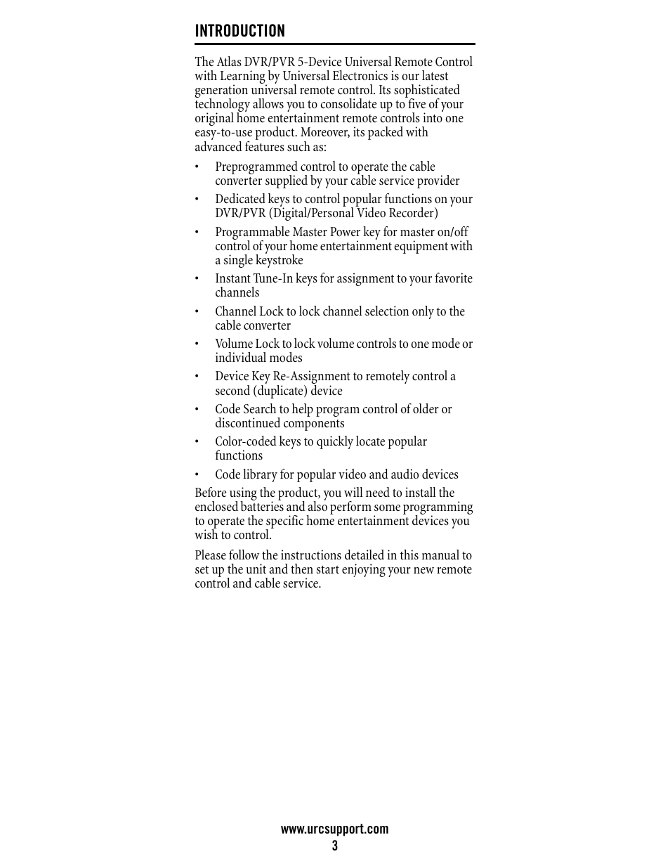 Introduction | Universal Electronics Atlas DVR/PVR 5-Device User Manual | Page 3 / 72