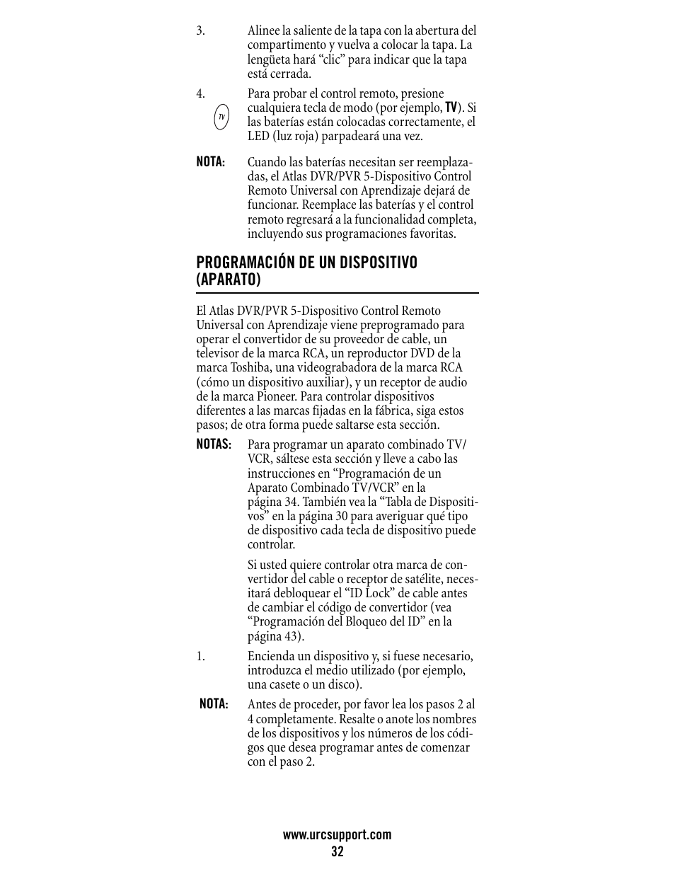 Programación de un dispositivo (aparato) | Universal Electronics Atlas DVR/PVR 5-Device User Manual | Page 32 / 72