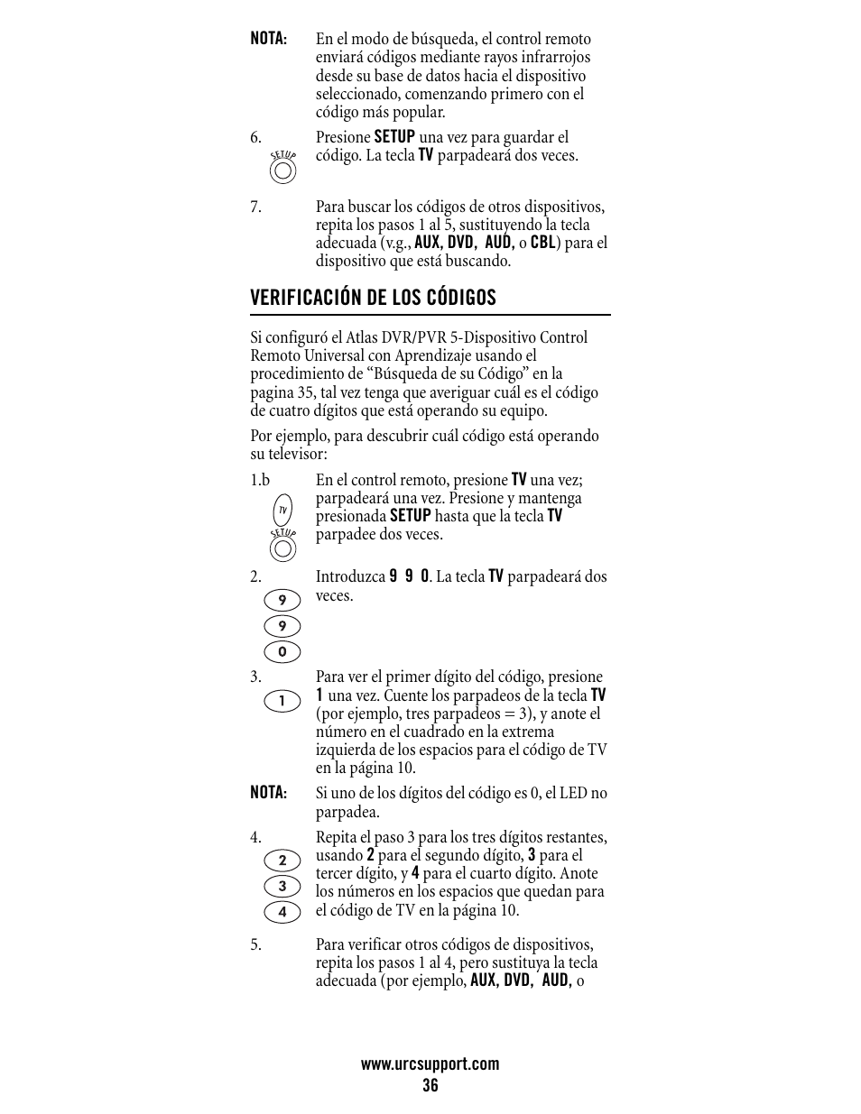 Verificación de los códigos | Universal Electronics Atlas DVR/PVR 5-Device User Manual | Page 36 / 72