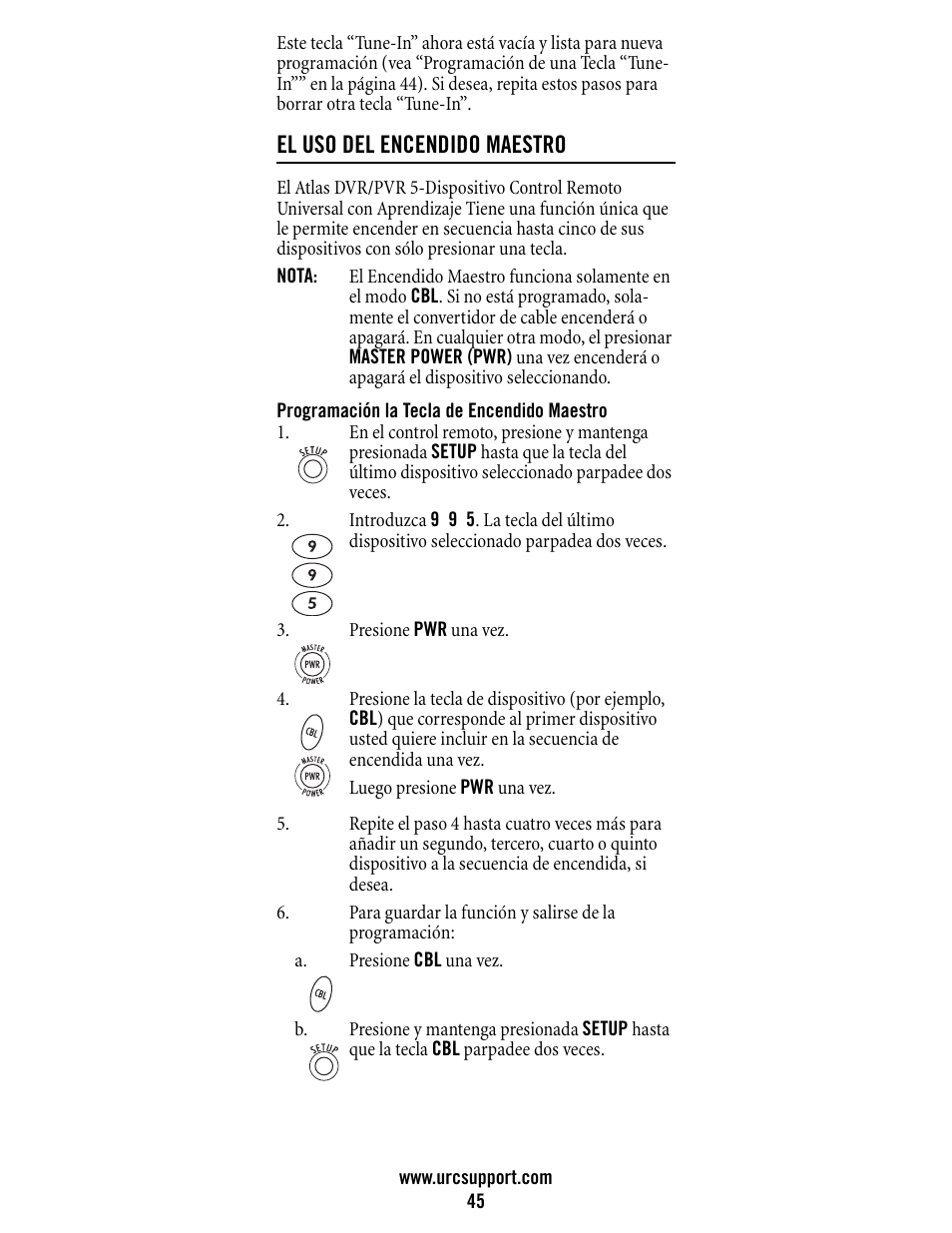 El uso del encendido maestro | Universal Electronics Atlas DVR/PVR 5-Device User Manual | Page 45 / 72