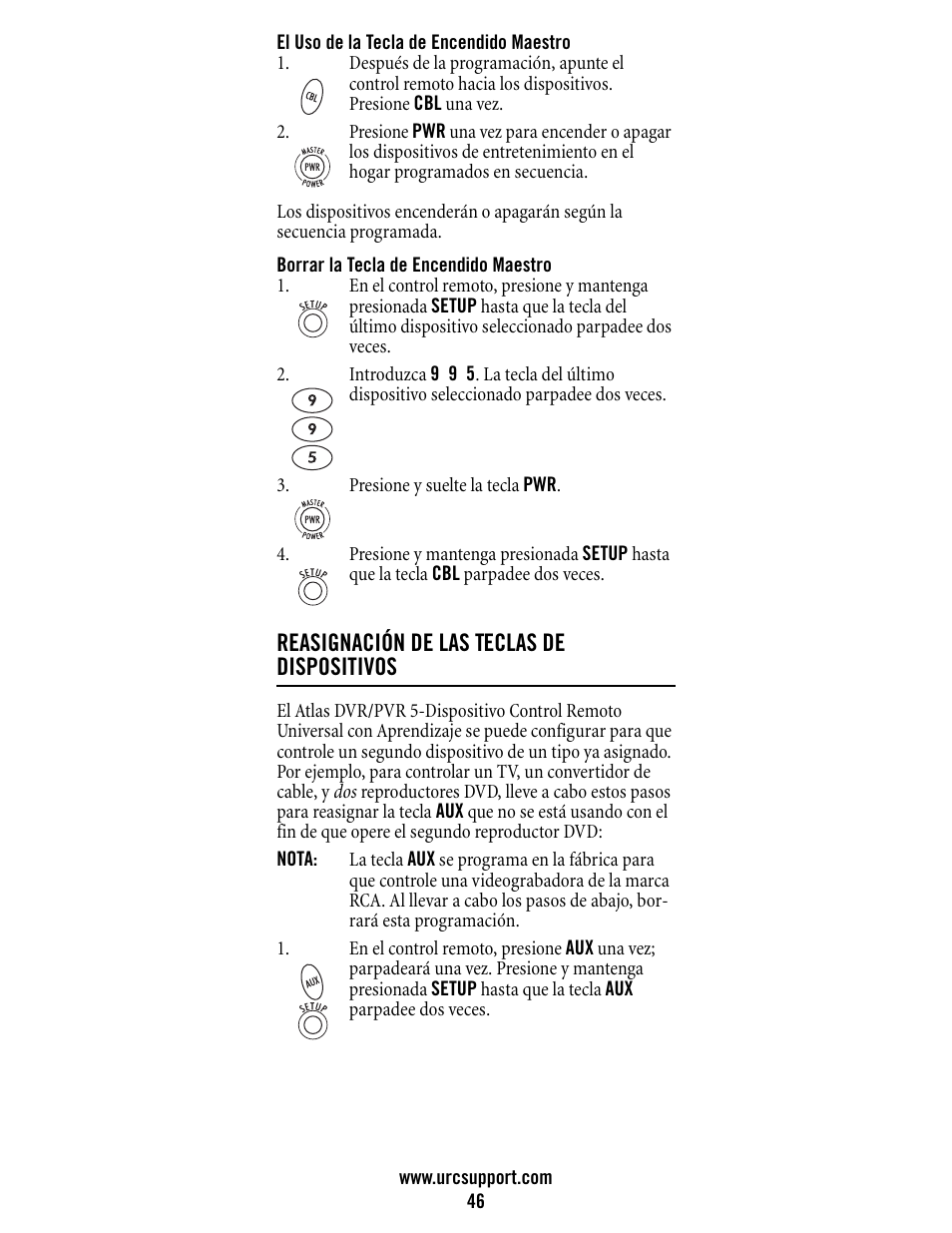 Reasignación de las teclas de dispositivos | Universal Electronics Atlas DVR/PVR 5-Device User Manual | Page 46 / 72