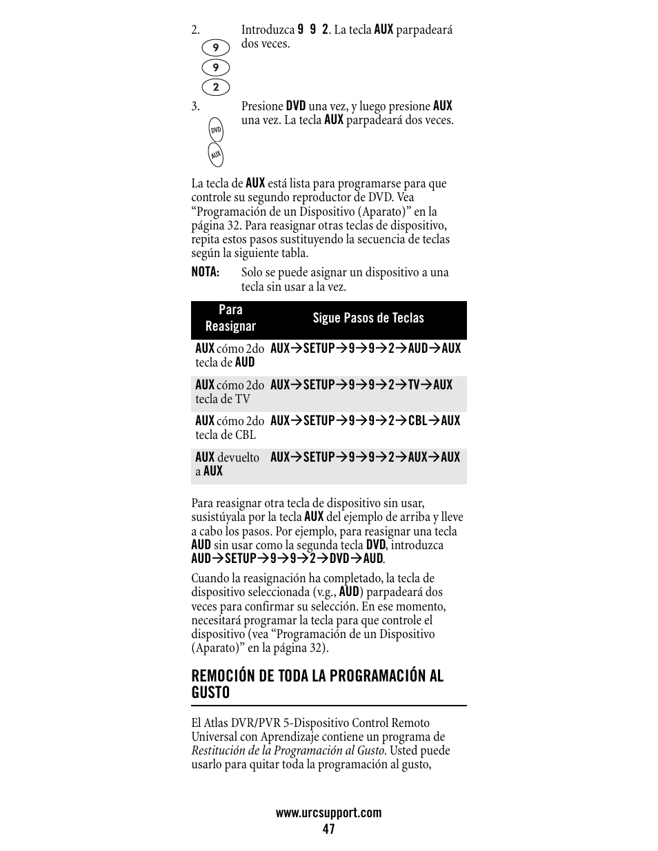 Remoción de toda la programación al gusto | Universal Electronics Atlas DVR/PVR 5-Device User Manual | Page 47 / 72