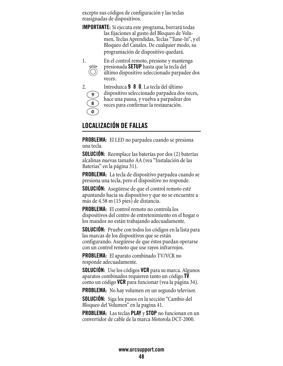 Localización de fallas | Universal Electronics Atlas DVR/PVR 5-Device User Manual | Page 48 / 72
