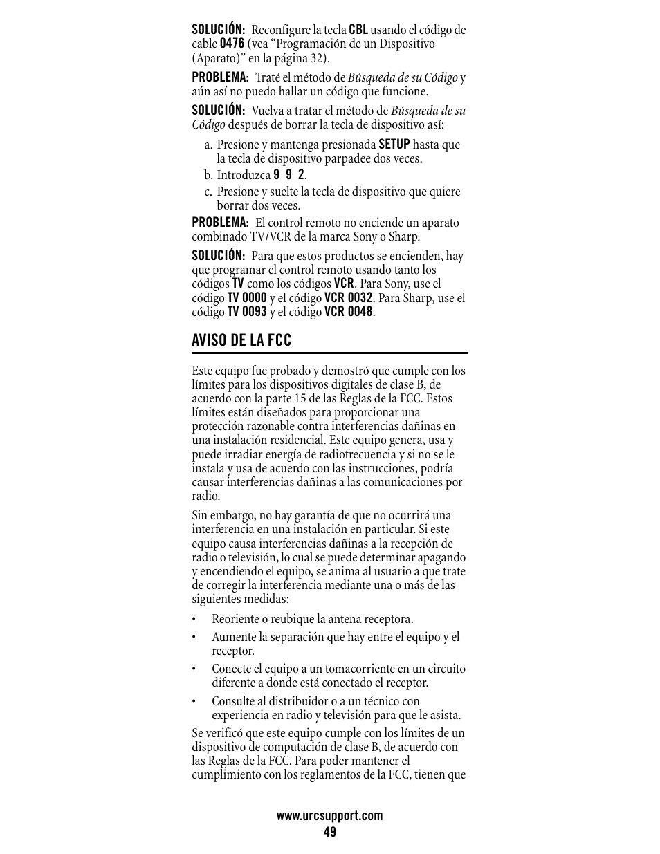 Aviso de la fcc | Universal Electronics Atlas DVR/PVR 5-Device User Manual | Page 49 / 72