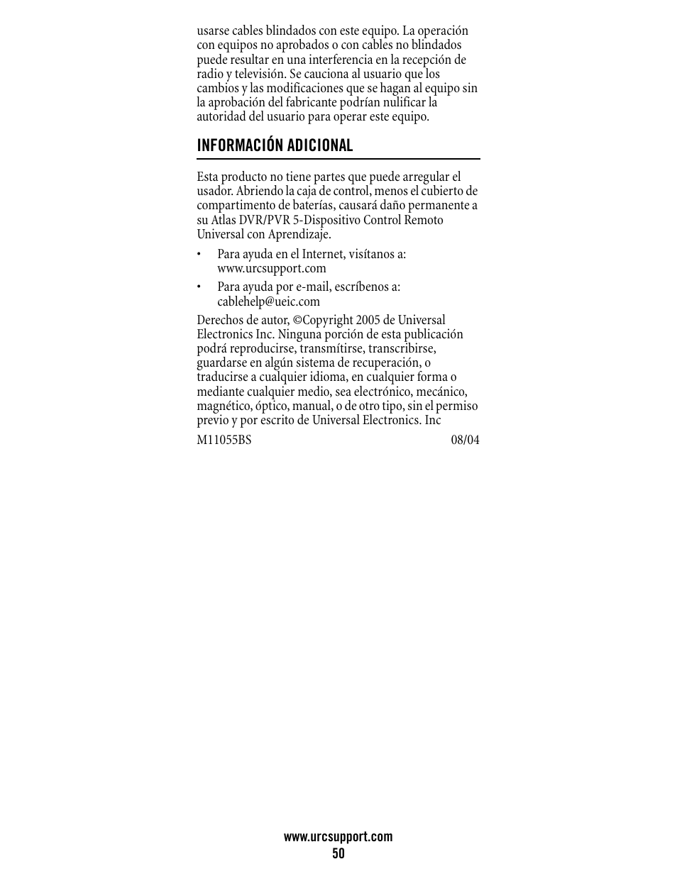 Información adicional | Universal Electronics Atlas DVR/PVR 5-Device User Manual | Page 50 / 72