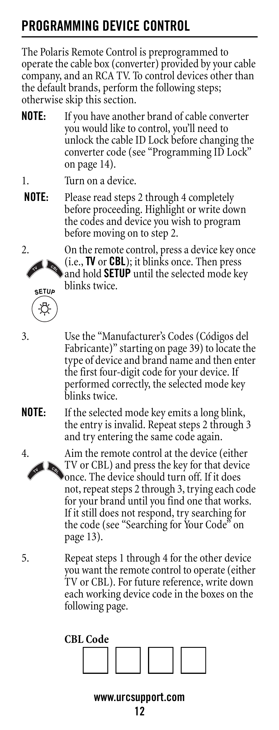 Programming device control, Note, Turn on a device | Universal Electronics Polaris User Manual | Page 12 / 52