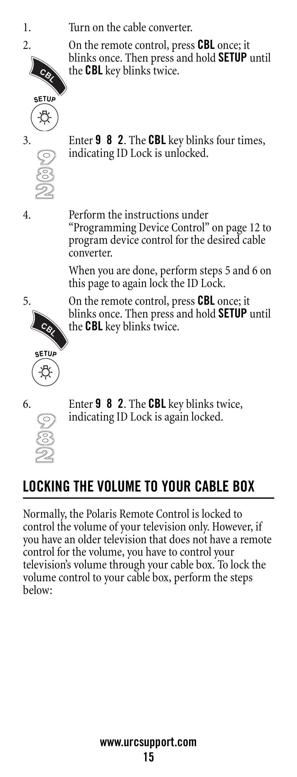 Turn on the cable converter, Locking the volume to your cable box | Universal Electronics Polaris User Manual | Page 15 / 52