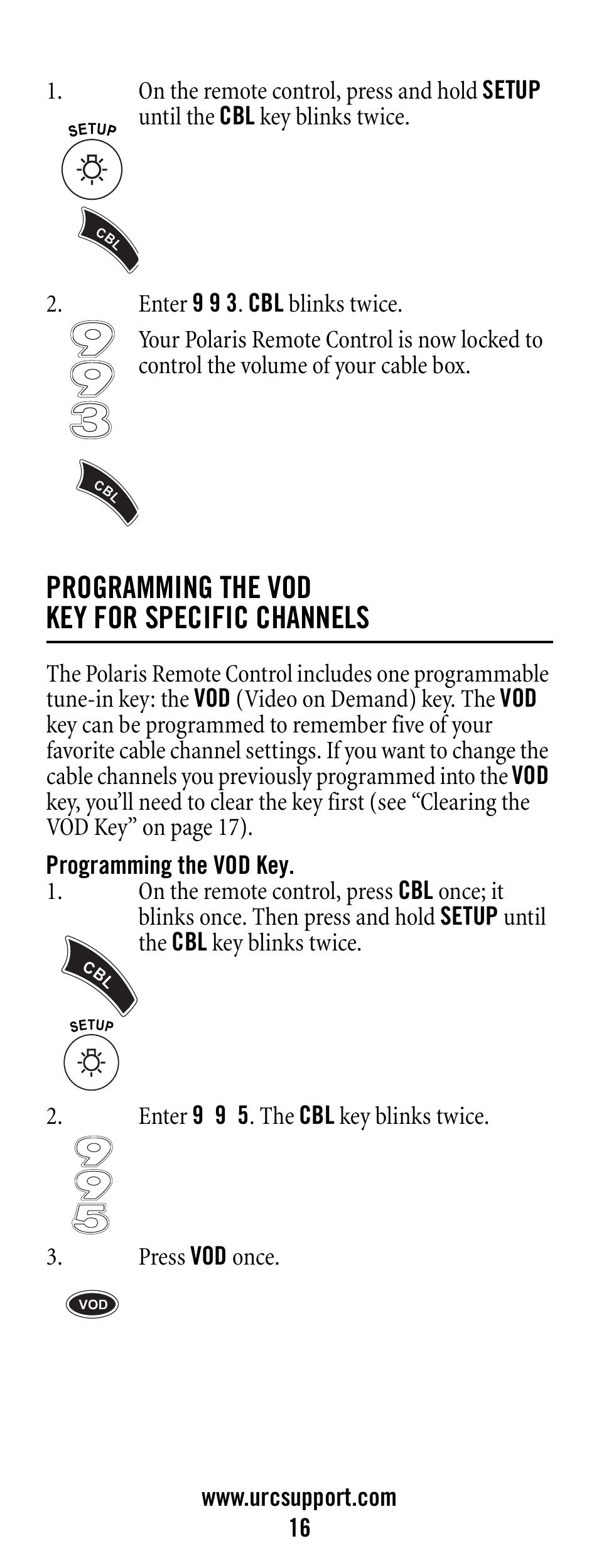 Programming the vod key for specific channels, Programming the vod key | Universal Electronics Polaris User Manual | Page 16 / 52