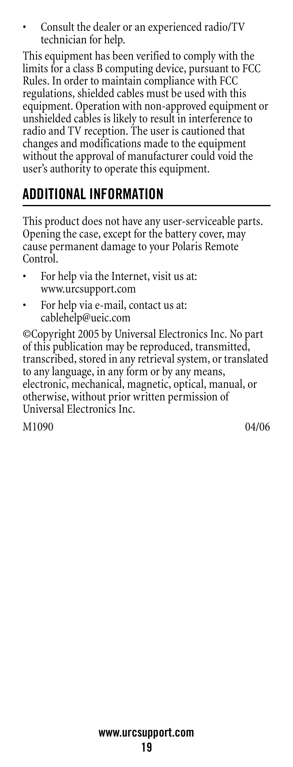 Additional information | Universal Electronics Polaris User Manual | Page 19 / 52