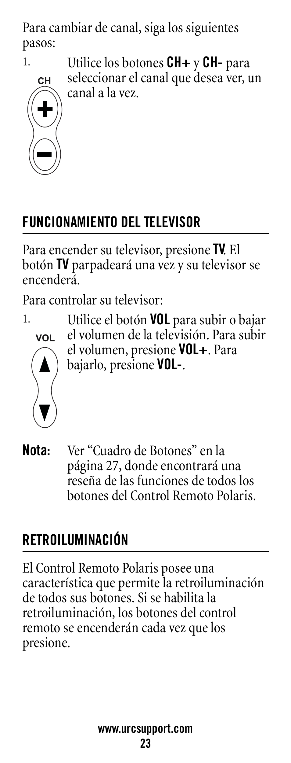 Funcionamiento del televisor, Nota, Retroiluminación | 23 retroiluminación | Universal Electronics Polaris User Manual | Page 23 / 52
