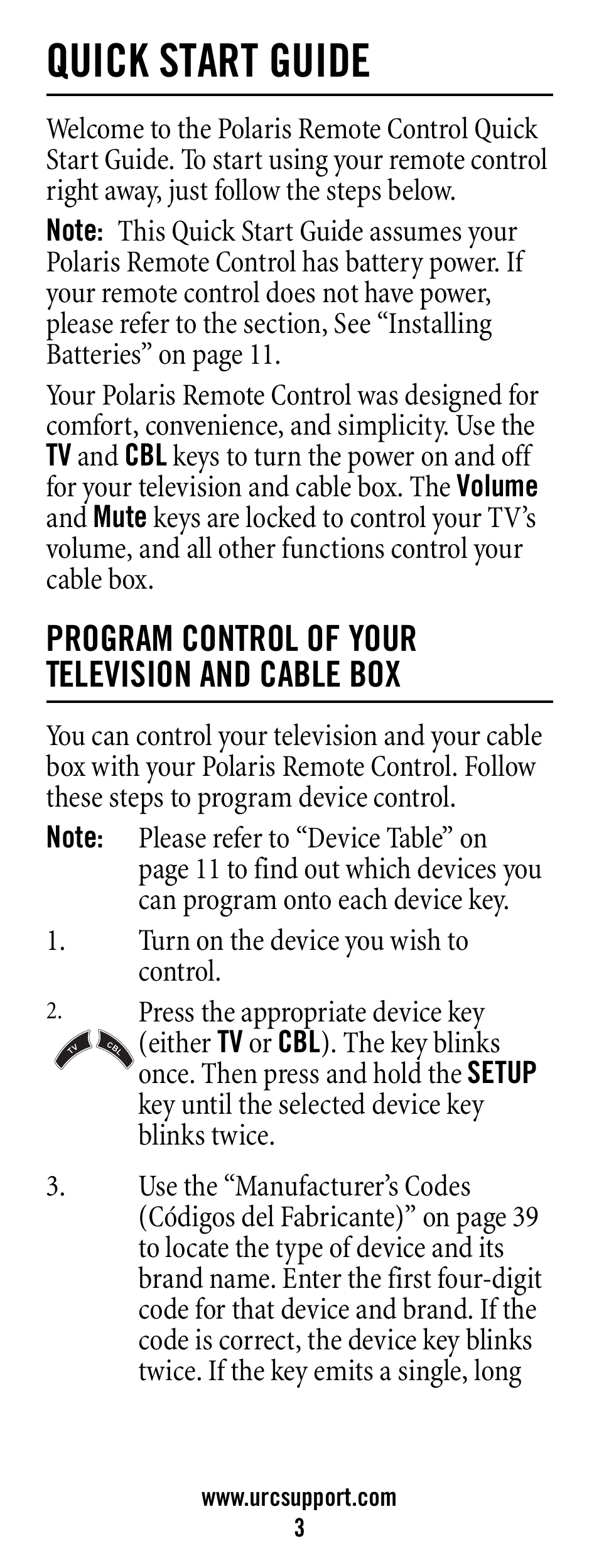Quick start guide, Note, Program control of your television and cable box | Turn on the device you wish to control | Universal Electronics Polaris User Manual | Page 3 / 52