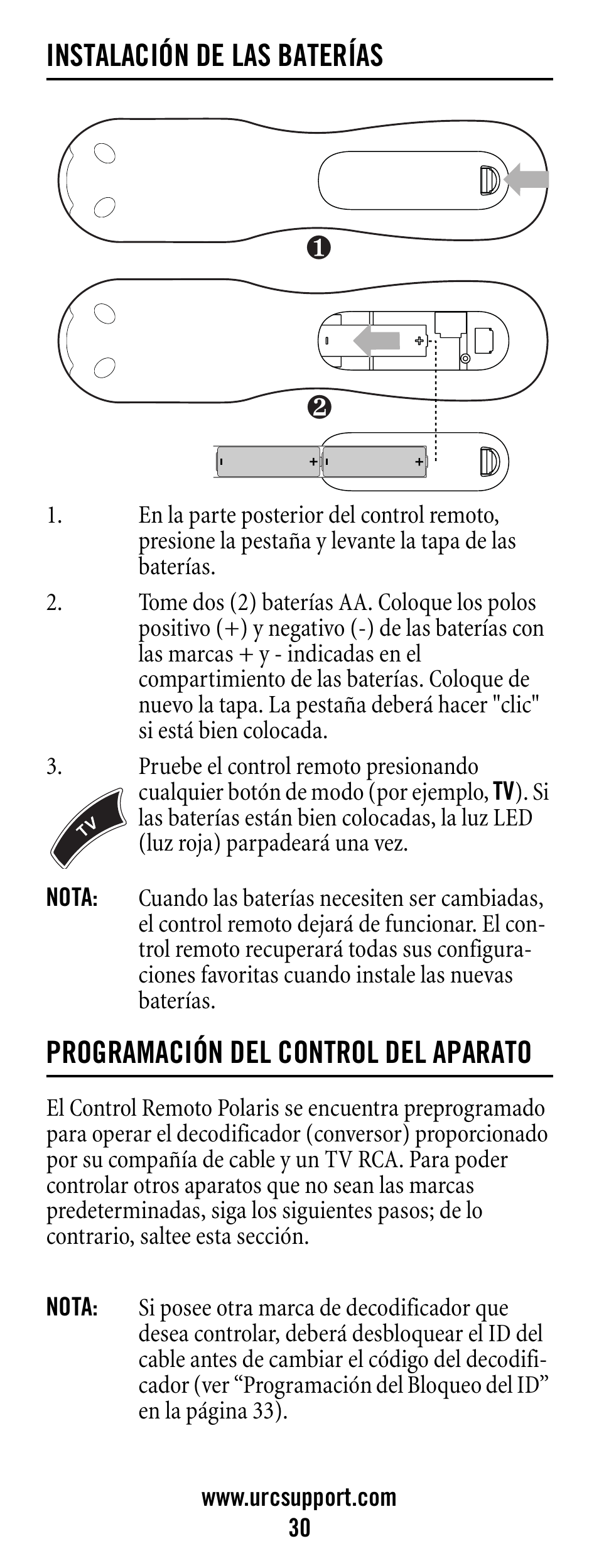 Instalación de las baterías, Nota, Programación del control del aparato | 30 programación del control del aparato | Universal Electronics Polaris User Manual | Page 30 / 52