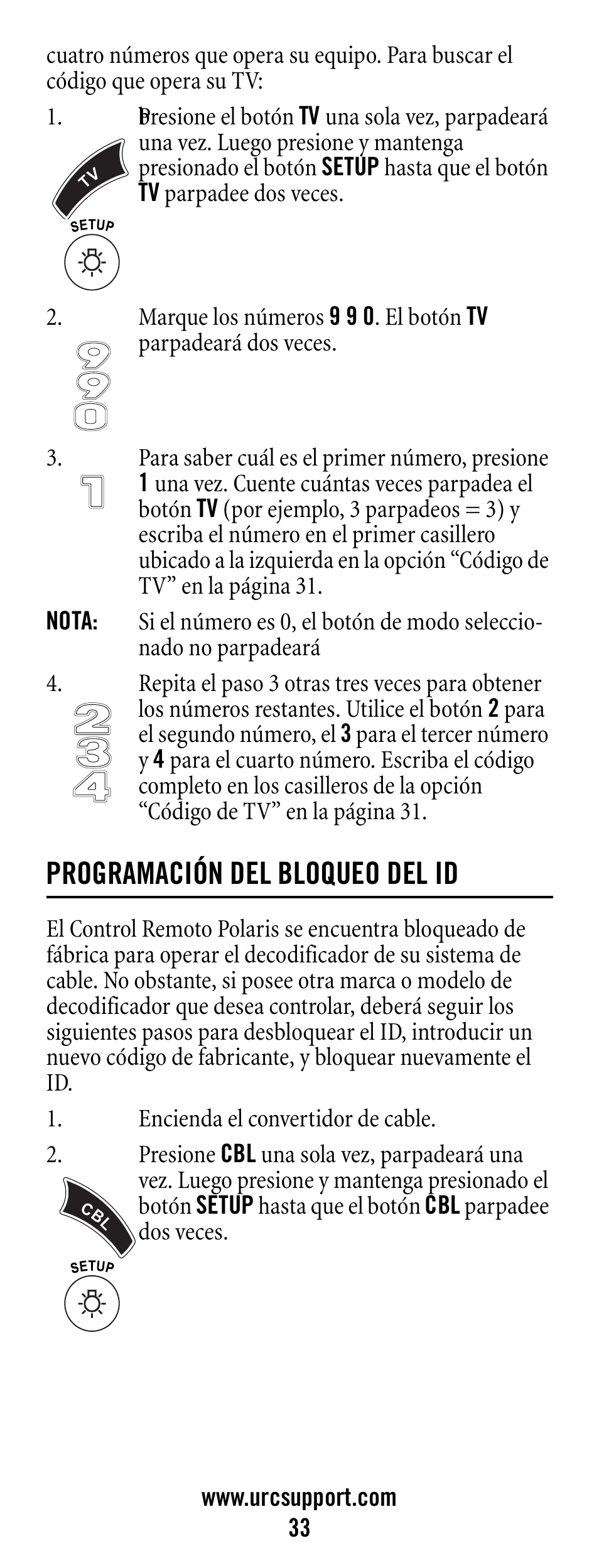 Nota, Programación del bloqueo del id, Encienda el convertidor de cable | Universal Electronics Polaris User Manual | Page 33 / 52