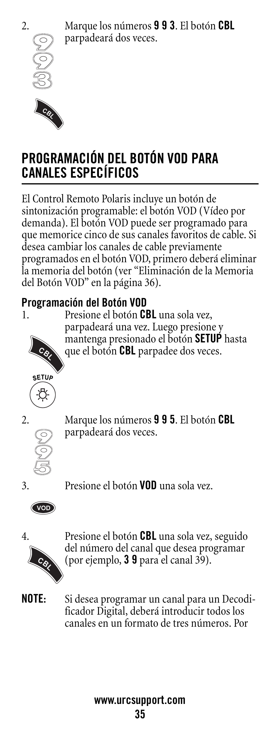 Note, Programación del botón vod | Universal Electronics Polaris User Manual | Page 35 / 52