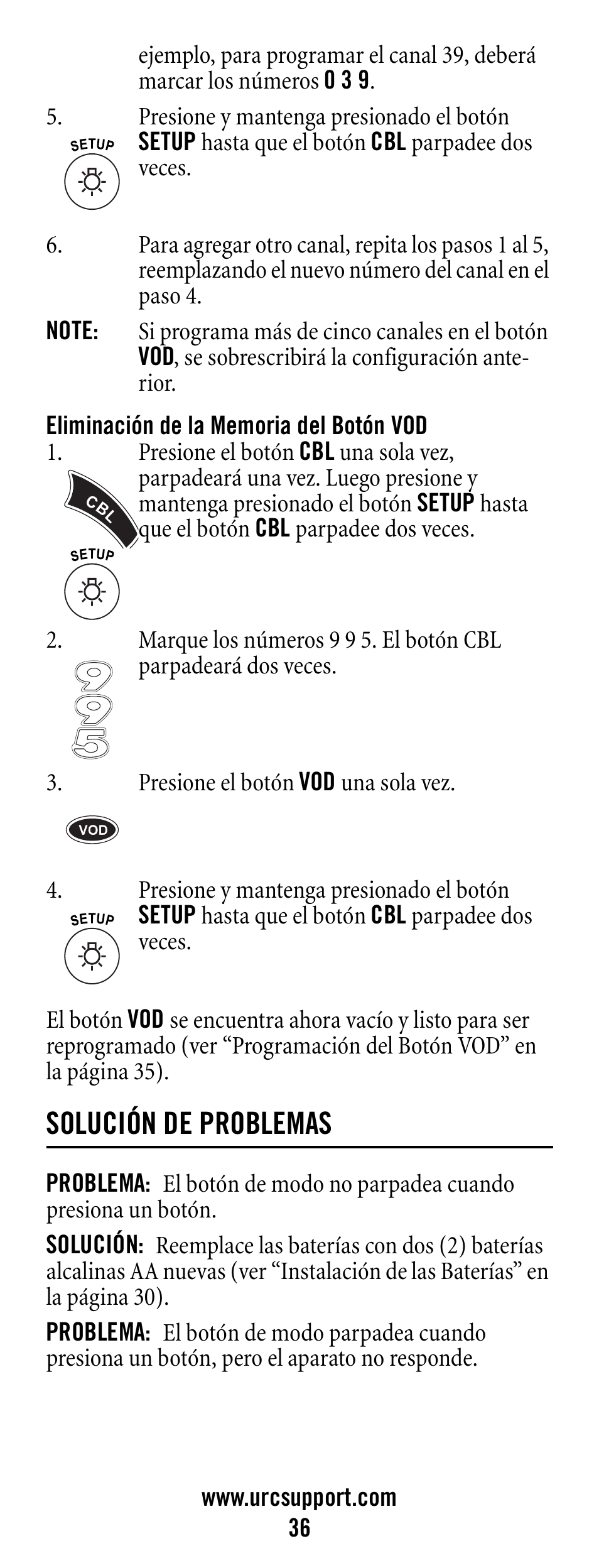 Note, Solución de problemas, Problema | Solución, Eliminación de la memoria del botón vod | Universal Electronics Polaris User Manual | Page 36 / 52