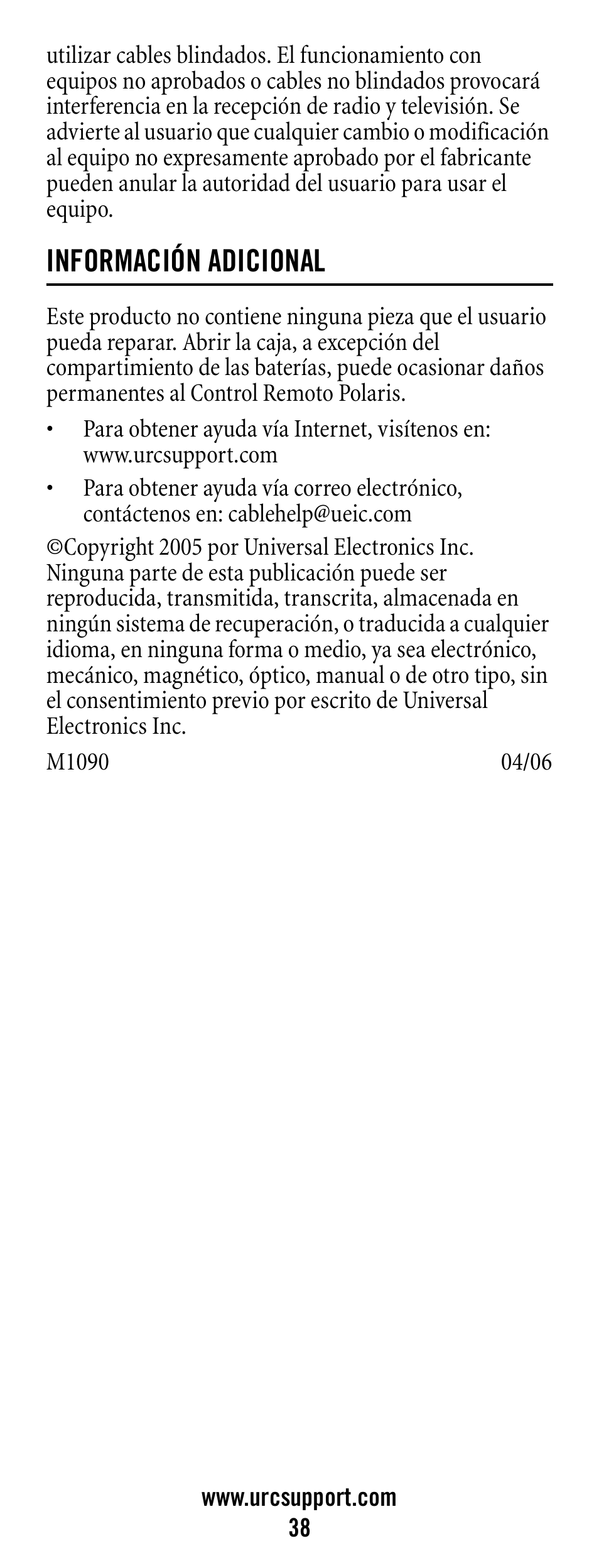 Información adicional | Universal Electronics Polaris User Manual | Page 38 / 52