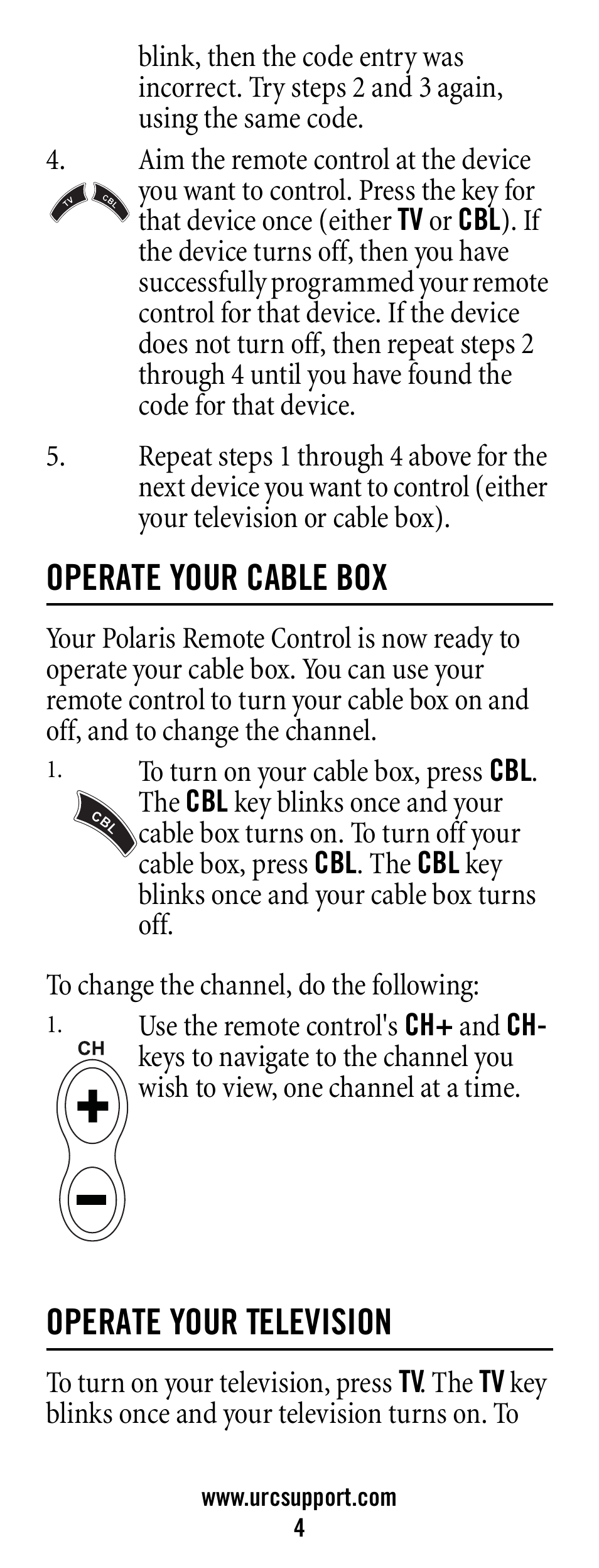 Operate your cable box, Operate your television, 4 operate your television | Universal Electronics Polaris User Manual | Page 4 / 52